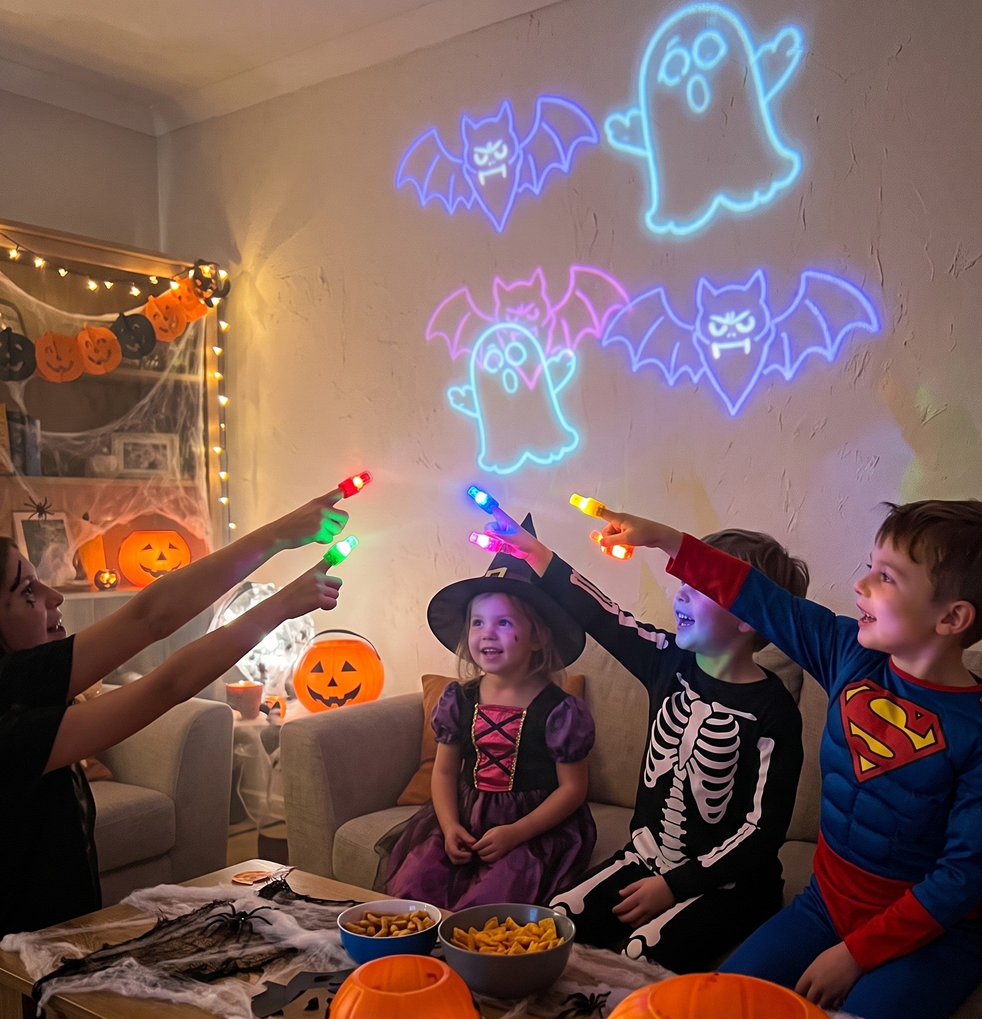 Children using colorful Halloween finger projector lights at a party