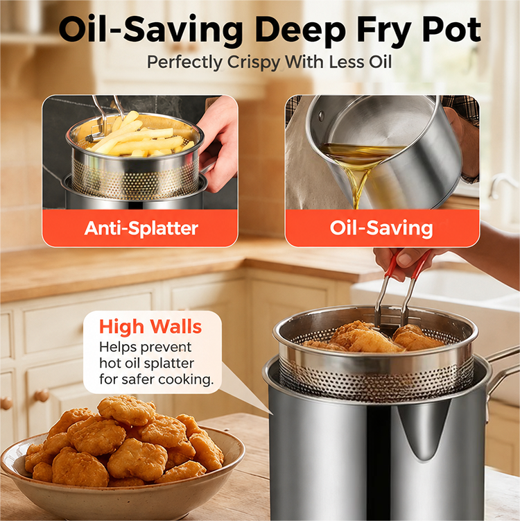 Oil-saving deep fry pot with high walls and removable fry basket