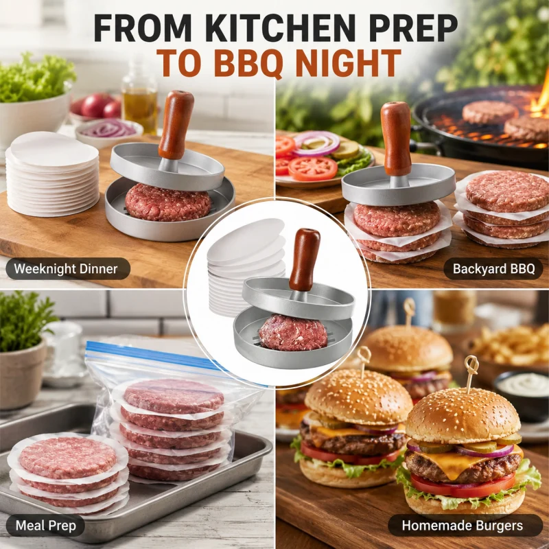 Burger press used for weeknight dinners, meal prep, backyard BBQs, and homemade burgers