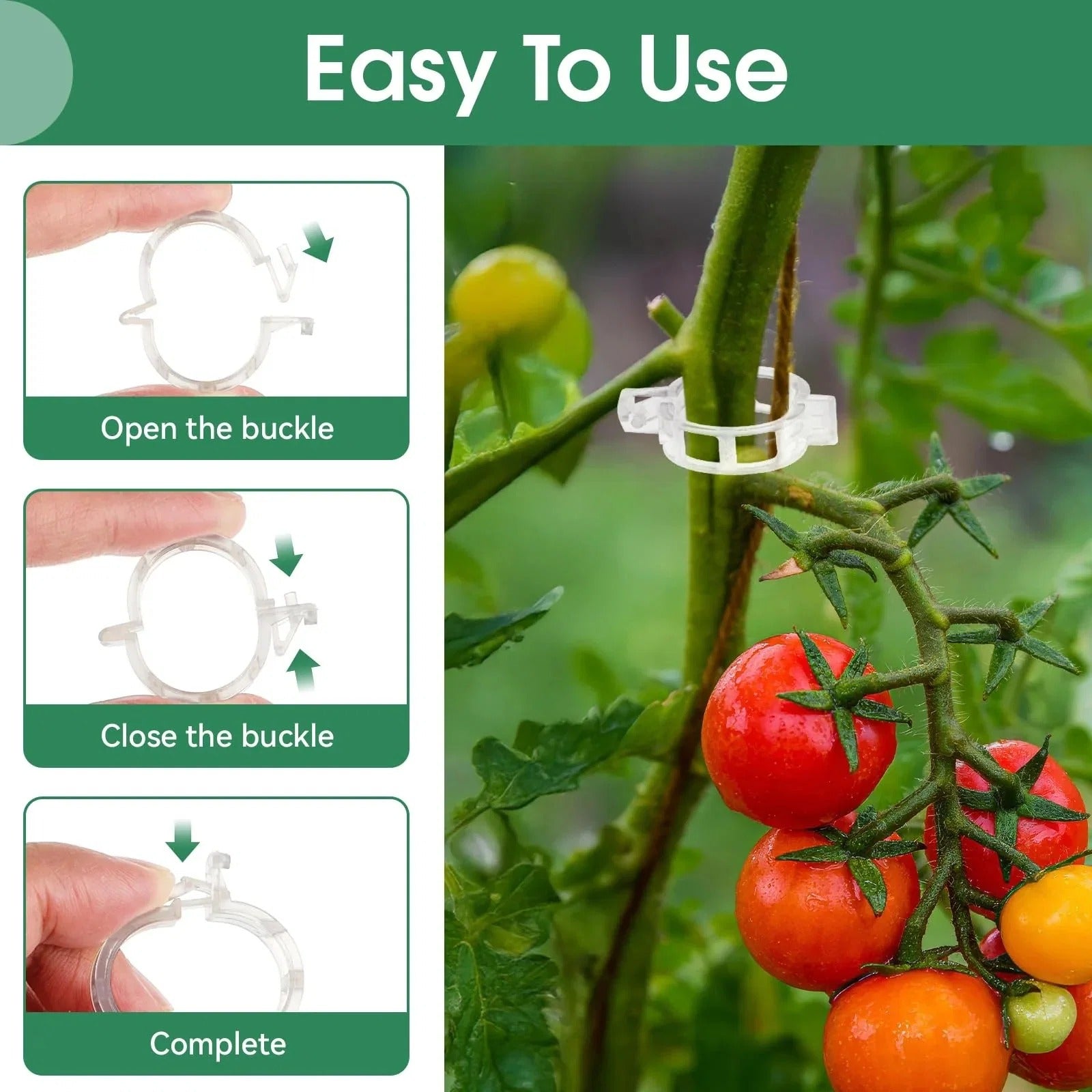 Three-step instructions for opening and closing a plant support clip