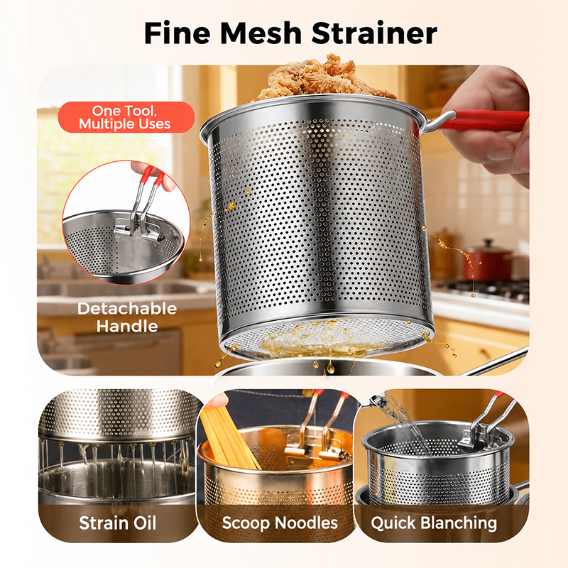 Fine mesh stainless steel fryer strainer basket with detachable red handle