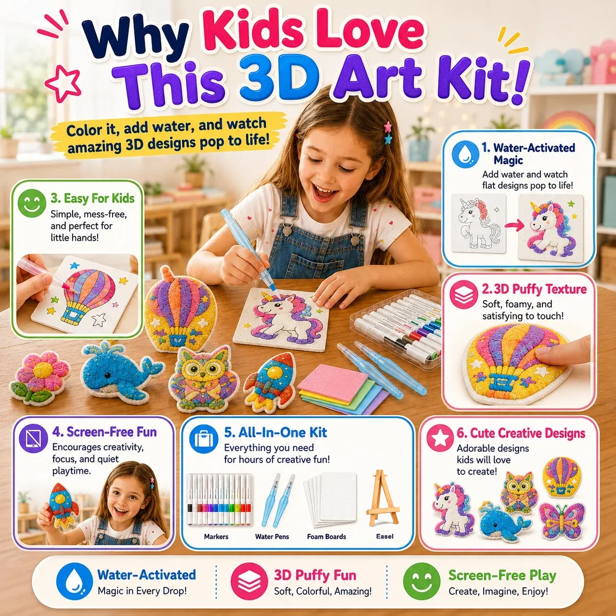 Kids 3D art kit with water-activated puffy texture and creative designs