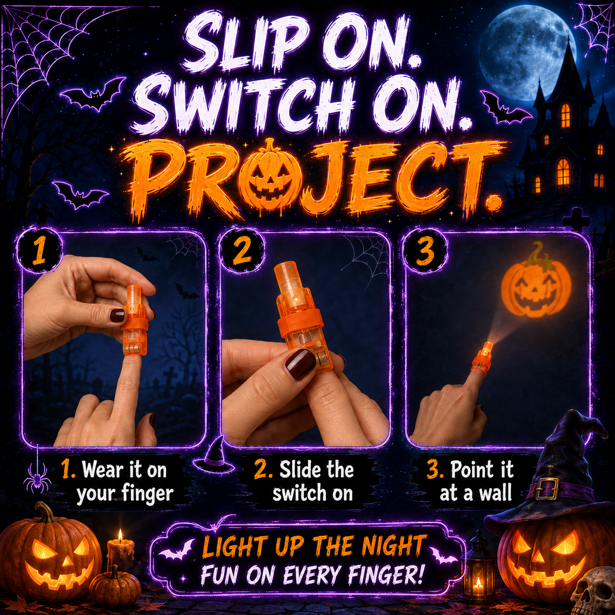 Three steps for using Halloween finger projector lights