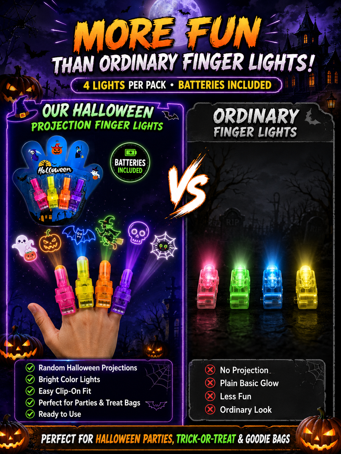 Halloween projection finger lights compared with ordinary finger lights