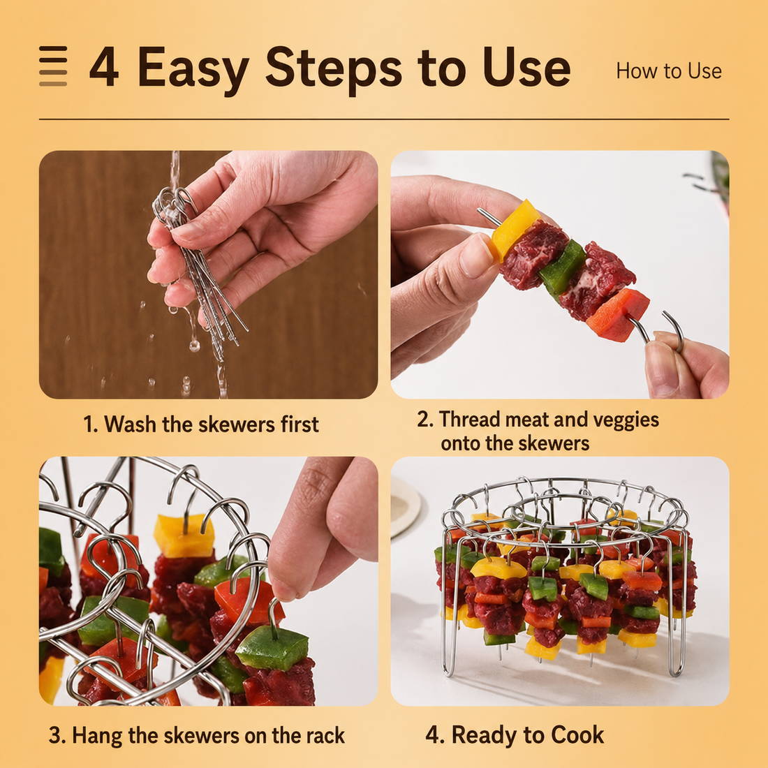 Air fryer skewer rack cooking meat and vegetables