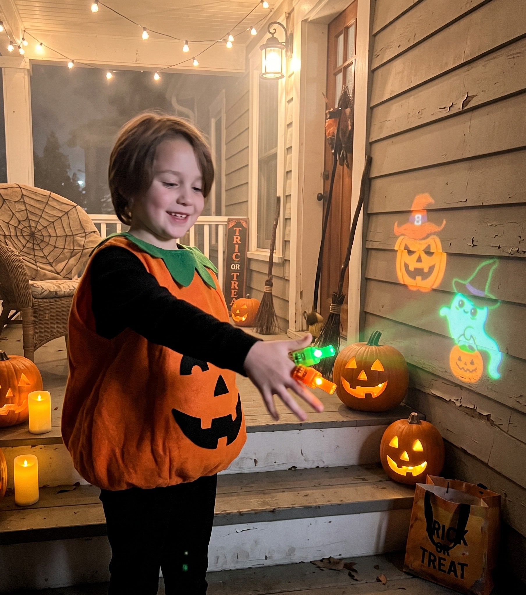 Child using Halloween finger projector lights on a porch