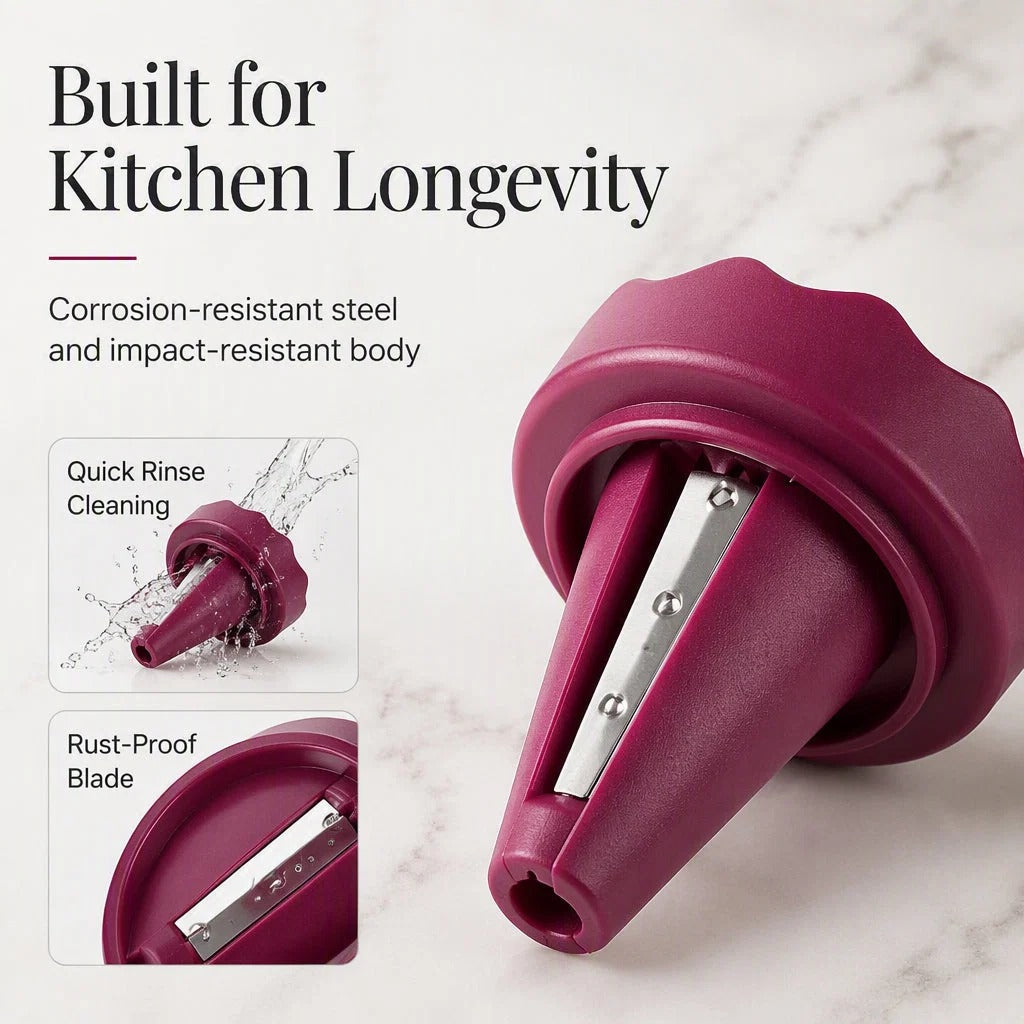 Close-up of vegetable rose garnishing tool blade and rinsing example