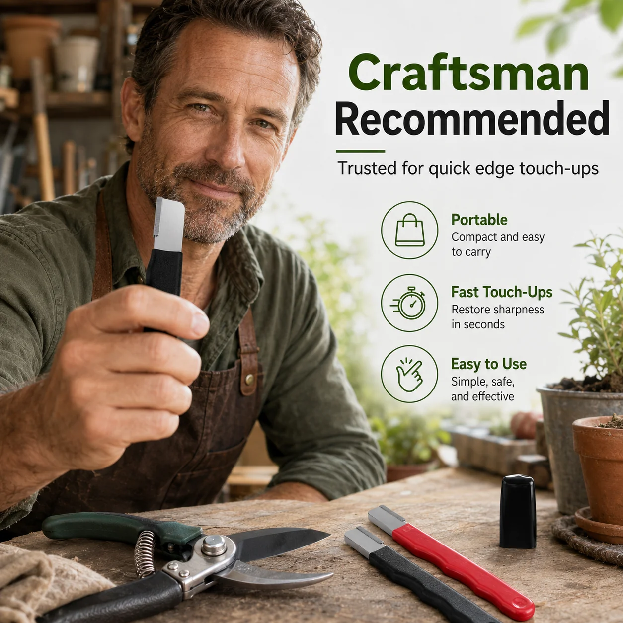 Handheld sharpener in workshop and outdoor use