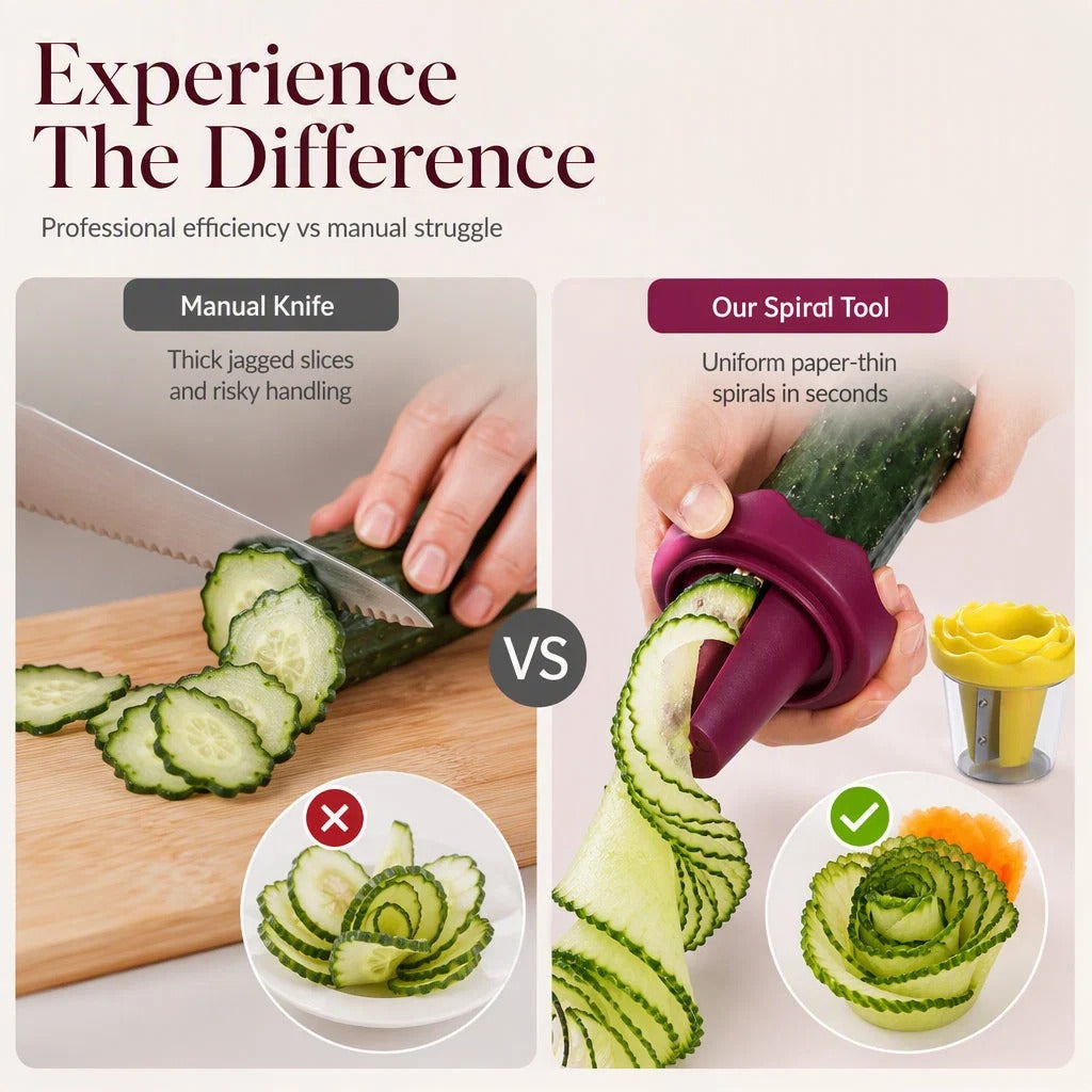 Manual knife slicing compared with a vegetable spiral garnishing tool