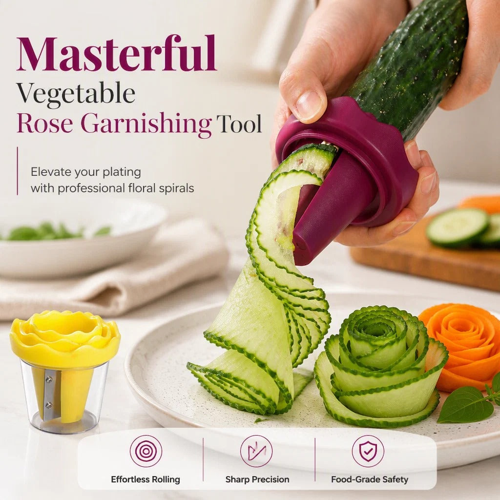 Vegetable rose garnishing tool creating a cucumber spiral