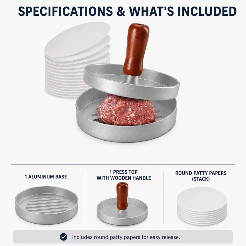Burger press set with aluminum base, press top with wooden handle, and round patty papers