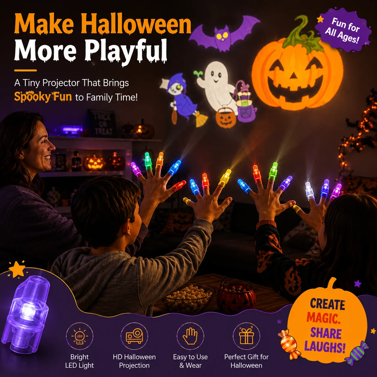 Family enjoying colorful Halloween finger projector lights