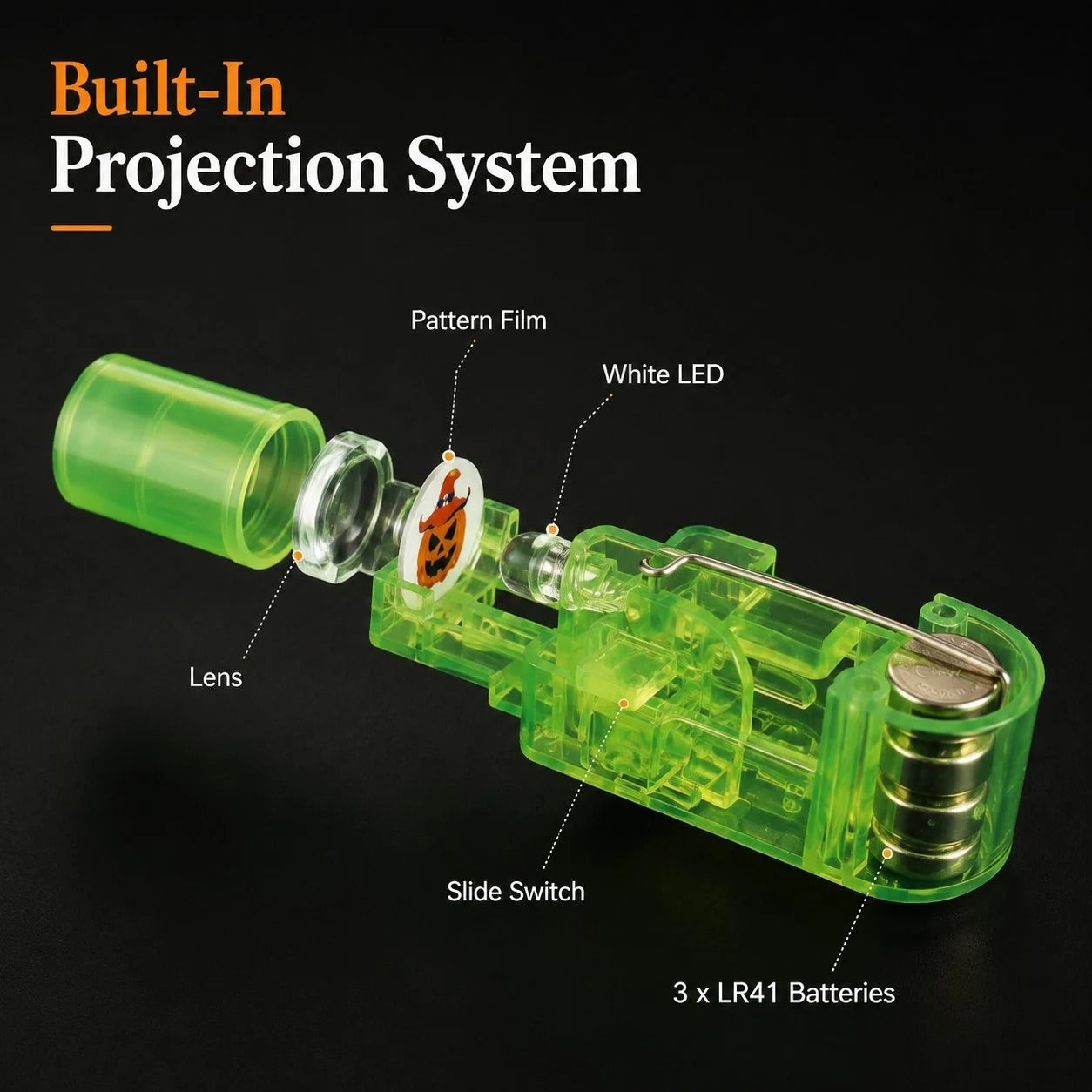 Built-in lens, pattern film, LED, slide switch, and LR41 batteries inside a finger projector