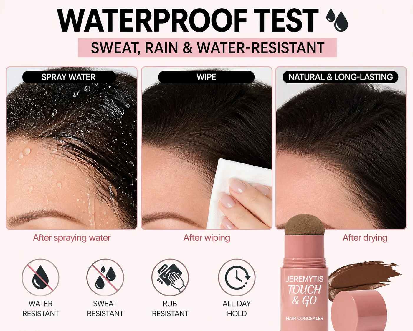 Waterproof sweat rain and water resistant hair concealer test